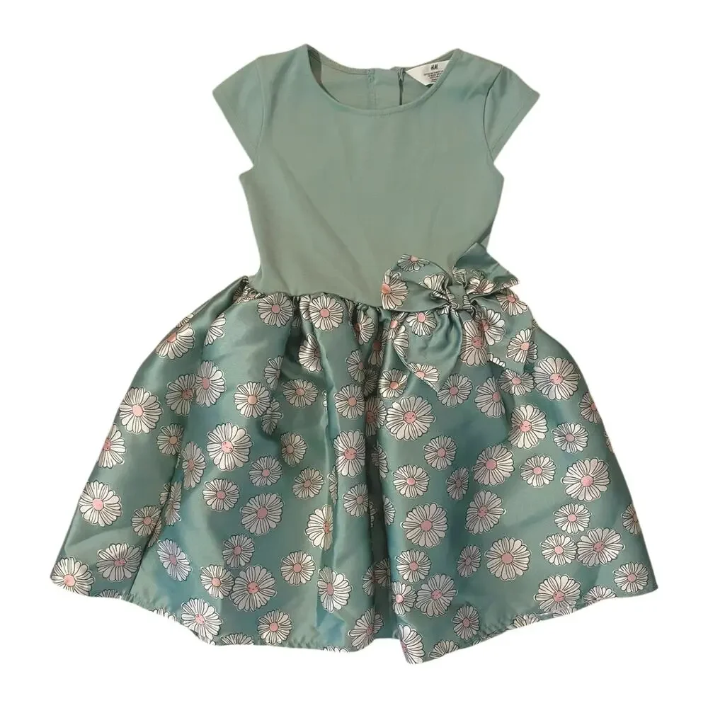 H&M Girls Green Floral Fit & Flare Dress Size 6X/7 6/7 Formal Daisy *Small Flaw